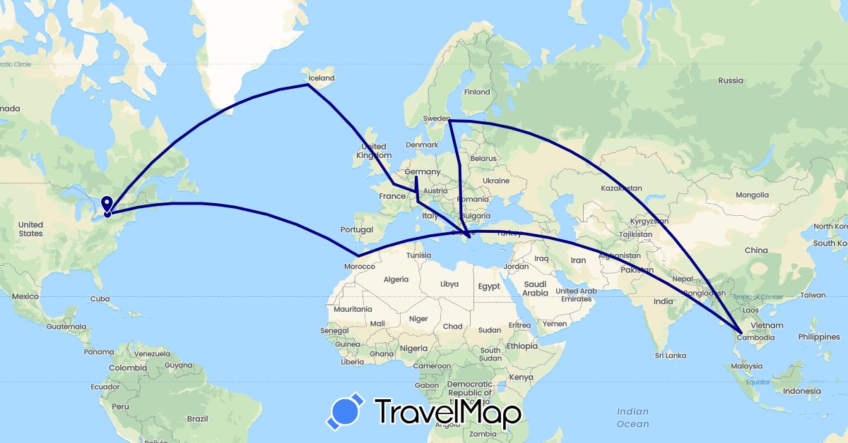 TravelMap itinerary: driving in Switzerland, Germany, France, Greece, Iceland, Italy, Morocco, Macedonia, Poland, Sweden, Thailand, United States (Africa, Asia, Europe, North America)